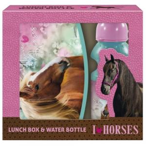 BOX NA SVAČINU A LÁHEV NA PITÍ Koně , Velikost lahve - 330 ml , Barva - Modro-růžová