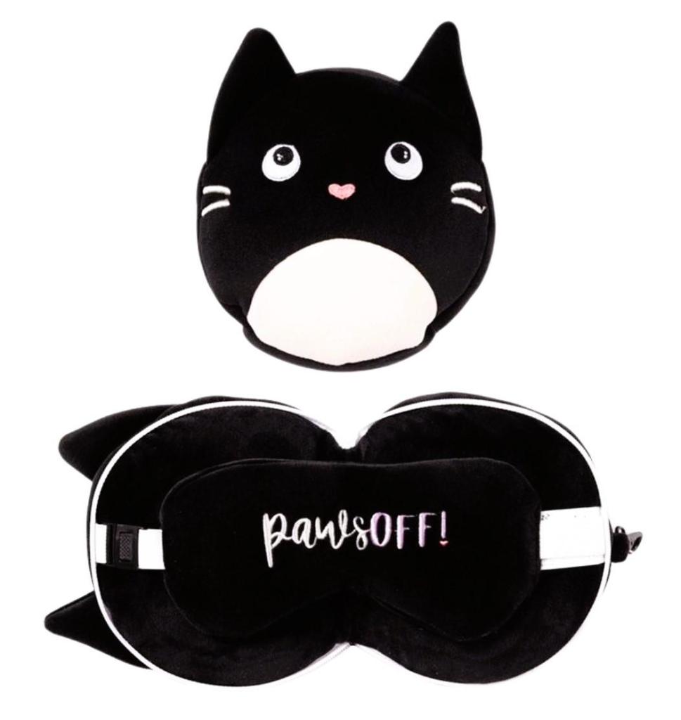 cestovný vankúš s maskou na oči mačka