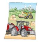 Deka Traktor kreslený , Barva - Žluto-červená , Rozměr textilu - 130x160