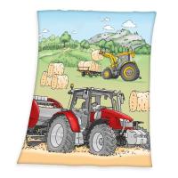 Deka Traktor kreslený , Barva - Žluto-červená , Rozměr textilu - 130x160