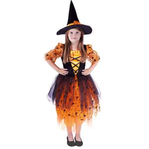 Kostým oranžová čarodejnica - Halloween s klobúkom , Velikost - M , Barva - Oranžová