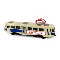 Kovová česká retro tramvaj modrá 16 cm PRAGUE otevírací dveře , Barva - Biela