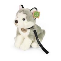 Plyšový pes husky sedící s vodítkem , Barva - Šedá