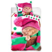 Obliečky Bavlnené Mačička v čiapke , Barva - Tmavo ružová , Rozměr textilu - 140x200