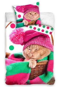 Obliečky Bavlnené Mačička v čiapke , Barva - Tmavo ružová , Rozměr textilu - 140x200