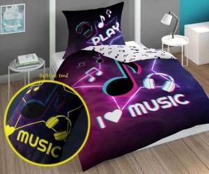 Povlečení I love Music svítící , Barva - Tmavo fialová , Rozměr textilu - 140x200
