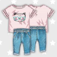 tričko a nohavice džínsové dievčenské set ružovo modrá , Velikost - 62/68 , Barva - Růžovo-modrá